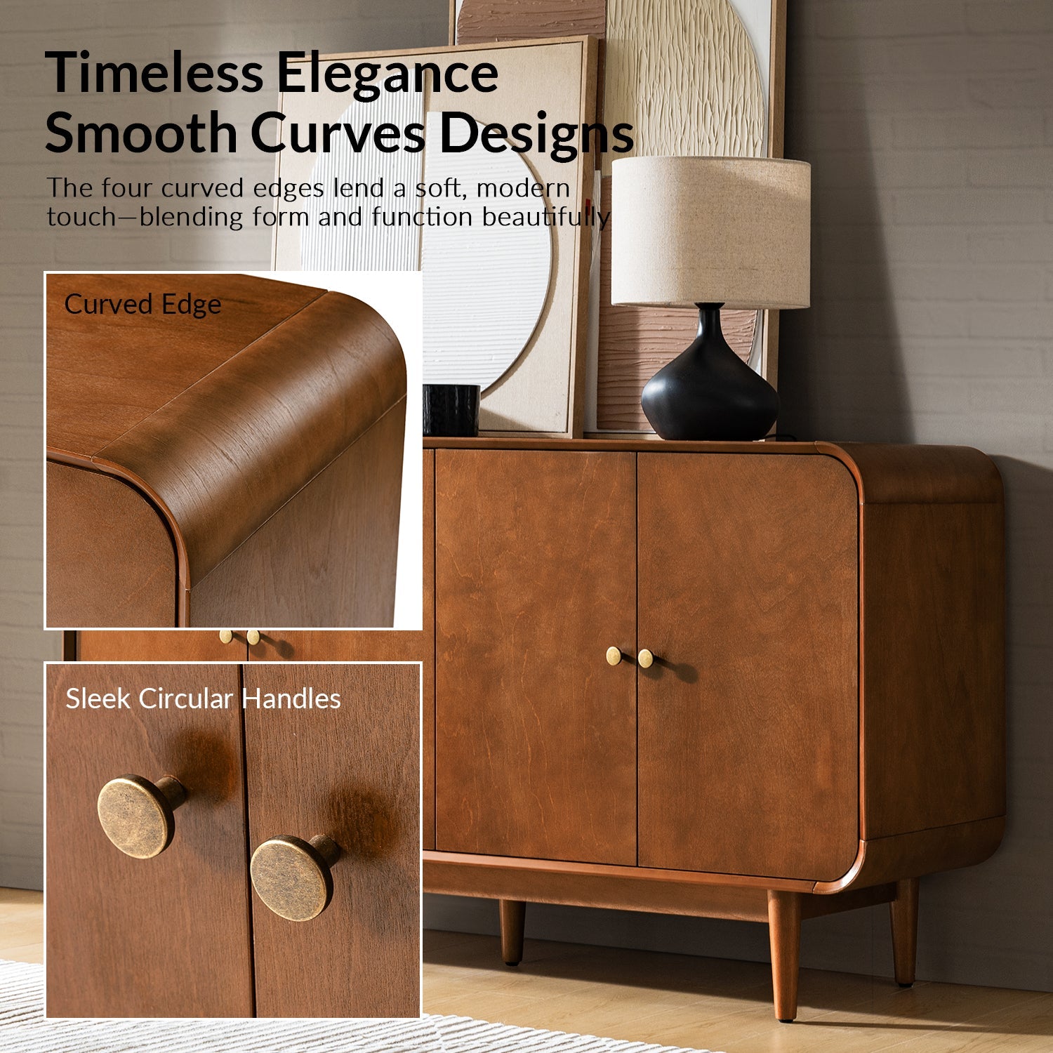 Buffet 4 portes au design incurvé, poignées métalliques rondes, étagères réglables et passe-câbles | Marron / Chêne | Simple