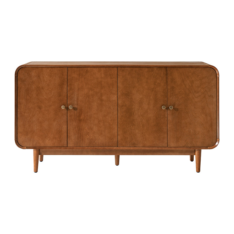 Buffet 4 portes au design incurvé, poignées métalliques rondes, étagères réglables et passe-câbles | Marron / Chêne | Simple