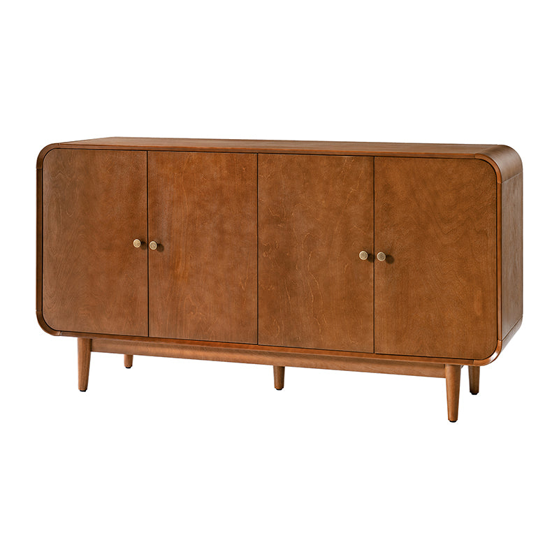 Buffet 4 portes au design incurvé, poignées métalliques rondes, étagères réglables et passe-câbles | Marron / Chêne | Simple