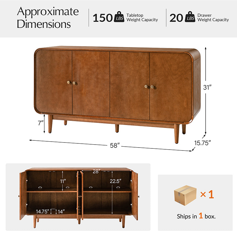 Buffet 4 portes au design incurvé, poignées métalliques rondes, étagères réglables et passe-câbles | Marron / Chêne | Simple