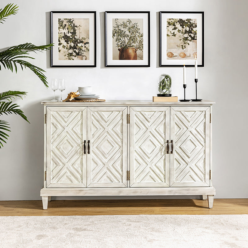 Enfilade de ferme 152 cm avec portes à motif losanges, poignées en bronze et pieds fuselés | Blanc | Individuel