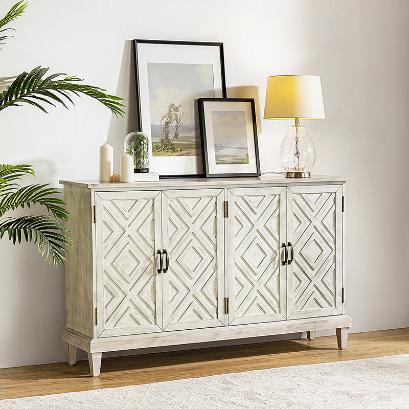 Enfilade de ferme 152 cm avec portes à motif losanges, poignées en bronze et pieds fuselés | Blanc | Individuel