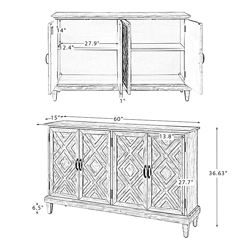 Enfilade de ferme 152 cm avec portes à motif losanges, poignées en bronze et pieds fuselés | Blanc | Individuel