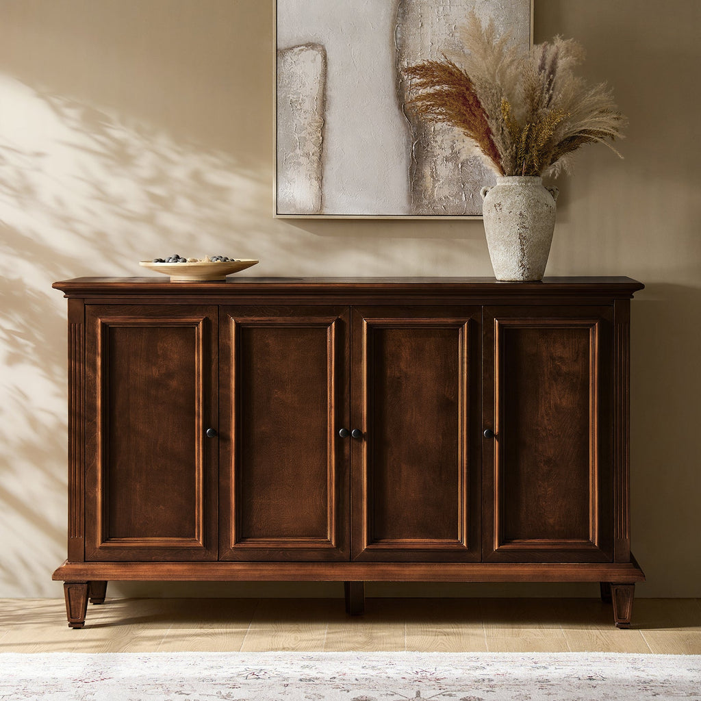 Buffet traditionnel de 147 cm avec casier à vin, porte-verres à vin, 4 portes, 2 tiroirs et pieds fuselés | Noyer | Simple