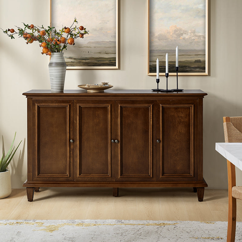 Buffet traditionnel de 147 cm avec casier à vin, porte-verres à vin, 4 portes, 2 tiroirs et pieds fuselés | Noyer | Simple
