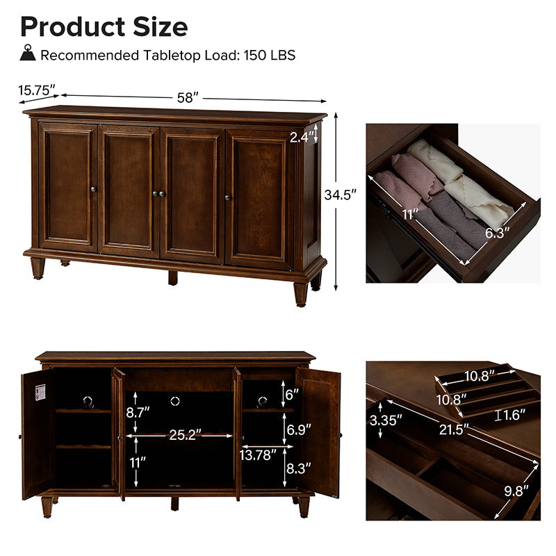 Buffet traditionnel de 147 cm avec casier à vin, porte-verres à vin, 4 portes, 2 tiroirs et pieds fuselés | Noyer | Simple