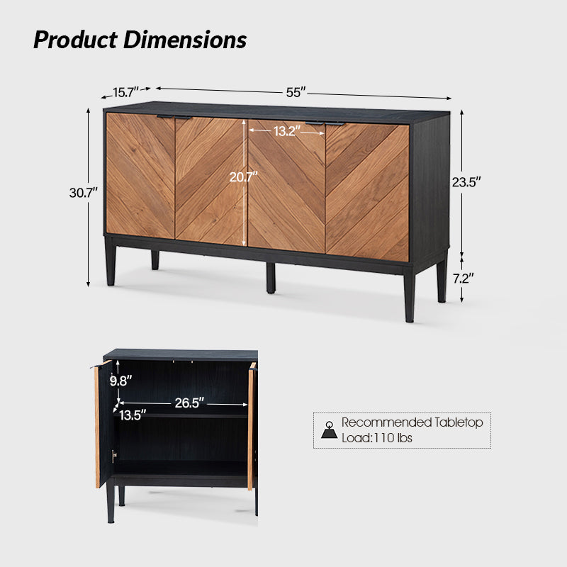 Buffet 4 portes en chevrons de 140 cm avec étagères réglables, pieds en métal et fermeture magnétique | Noir / Noyer | Simple