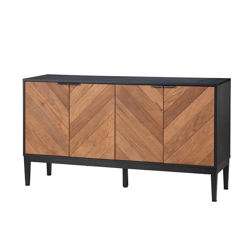 Buffet 4 portes en chevrons de 140 cm avec étagères réglables, pieds en métal et fermeture magnétique | Noir / Noyer | Simple
