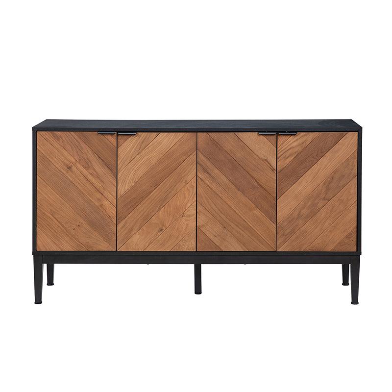 Buffet 4 portes en chevrons de 140 cm avec étagères réglables, pieds en métal et fermeture magnétique | Noir / Noyer | Simple