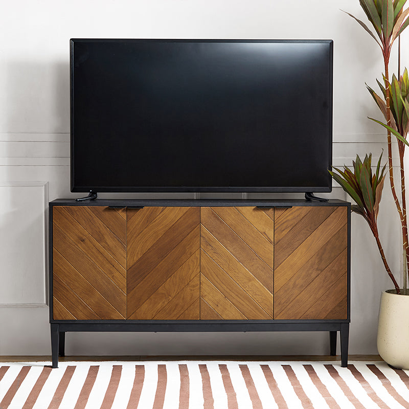 Buffet 4 portes en chevrons de 140 cm avec étagères réglables, pieds en métal et fermeture magnétique | Noir / Noyer | Simple