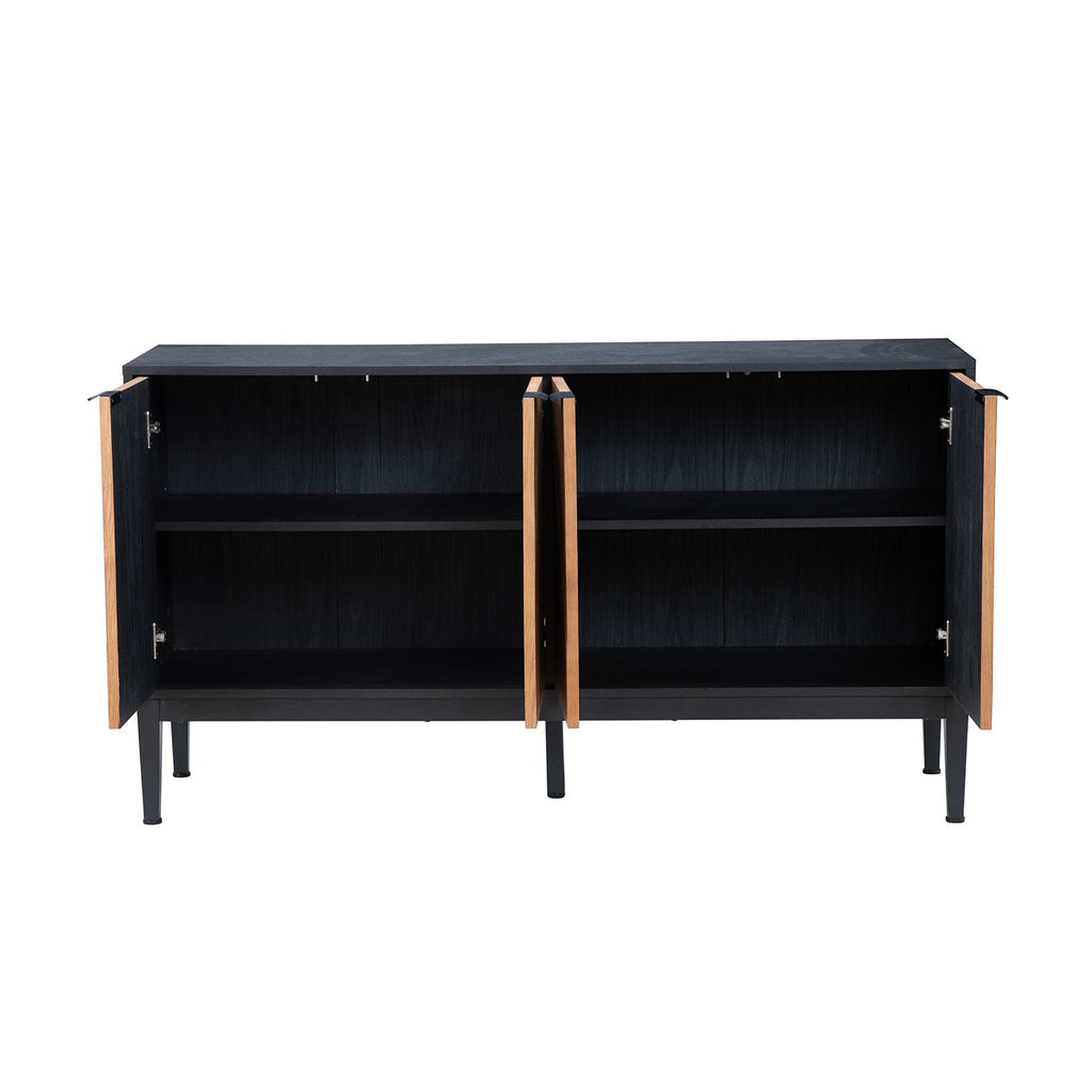 Buffet 4 portes en chevrons de 140 cm avec étagères réglables, pieds en métal et fermeture magnétique | Noir / Noyer | Simple