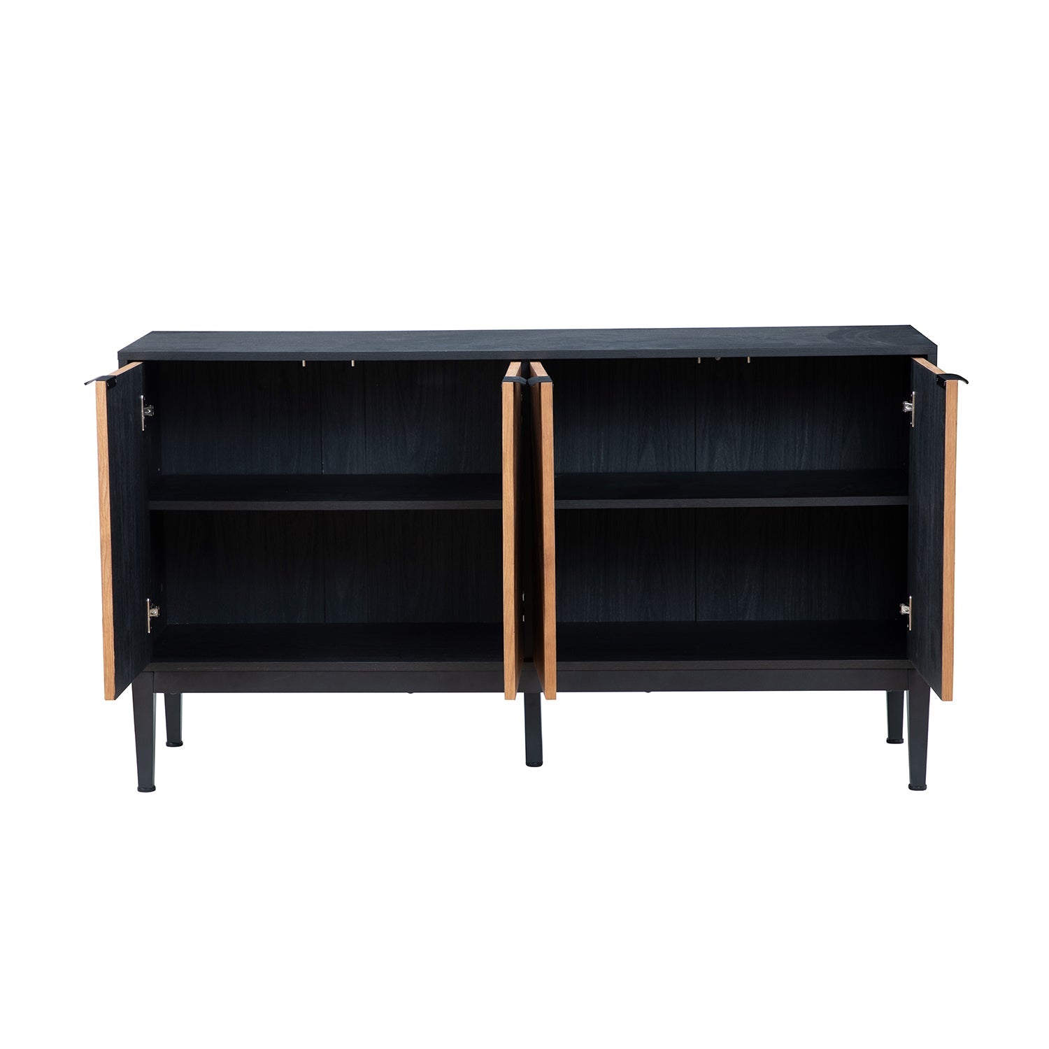 Buffet 4 portes en chevrons de 140 cm avec étagères réglables, pieds en métal et fermeture magnétique | Noir / Noyer | Simple