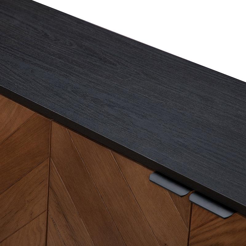Buffet 4 portes en chevrons de 140 cm avec étagères réglables, pieds en métal et fermeture magnétique | Noir / Noyer | Simple
