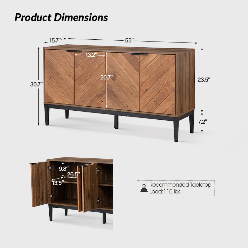 Buffet 4 portes en chevrons de 140 cm avec étagères réglables, pieds en métal et fermeture magnétique | Noir / Noyer | Simple