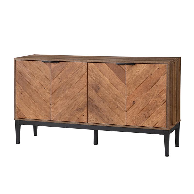 Buffet 4 portes en chevrons de 140 cm avec étagères réglables, pieds en métal et fermeture magnétique | Noir / Noyer | Simple