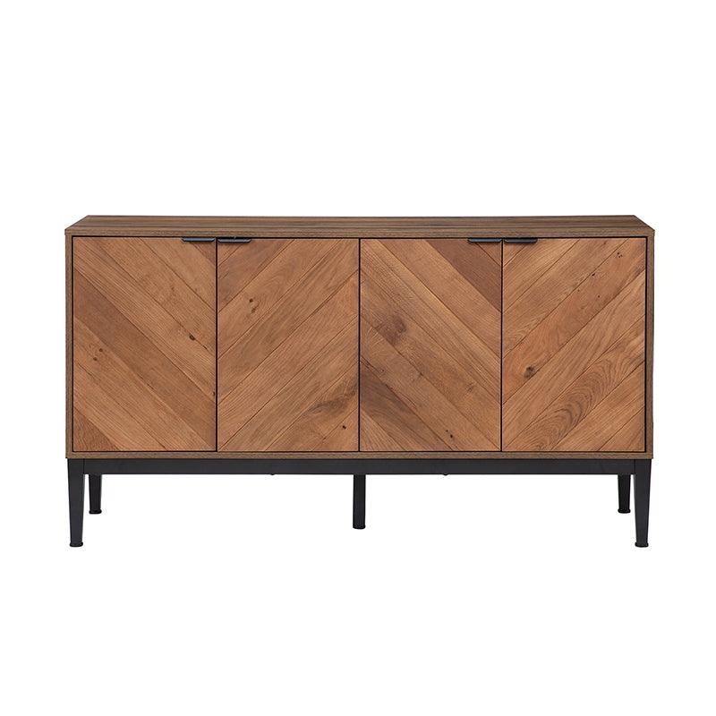 Buffet 4 portes en chevrons de 140 cm avec étagères réglables, pieds en métal et fermeture magnétique | Noir / Noyer | Simple