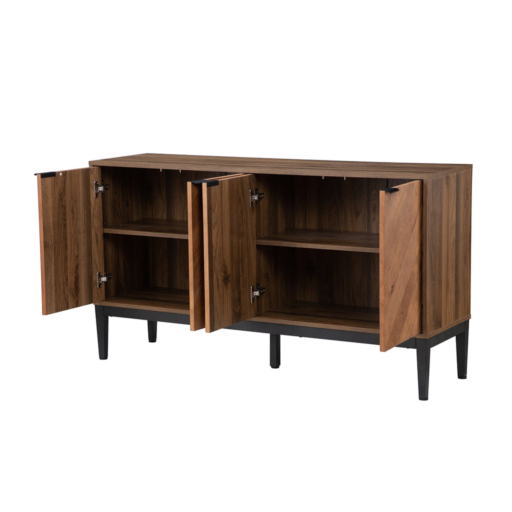 Buffet 4 portes en chevrons de 140 cm avec étagères réglables, pieds en métal et fermeture magnétique | Noir / Noyer | Simple