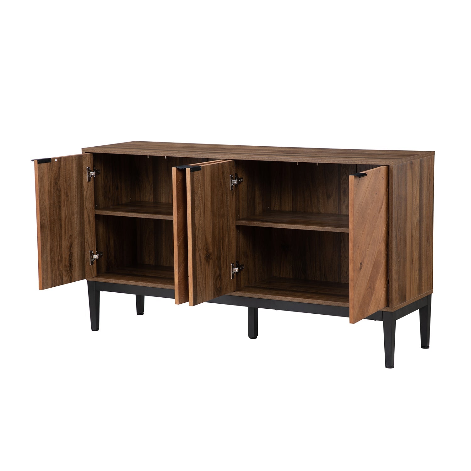 Buffet 4 portes en chevrons de 140 cm avec étagères réglables, pieds en métal et fermeture magnétique | Noir / Noyer | Simple
