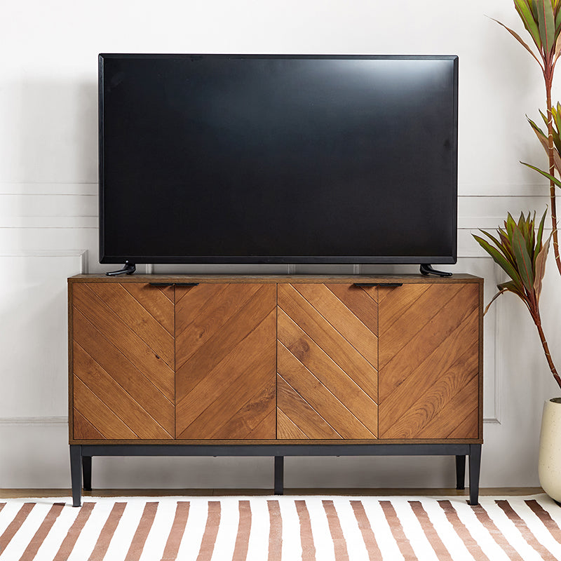Buffet 4 portes en chevrons de 140 cm avec étagères réglables, pieds en métal et fermeture magnétique | Noir / Noyer | Simple