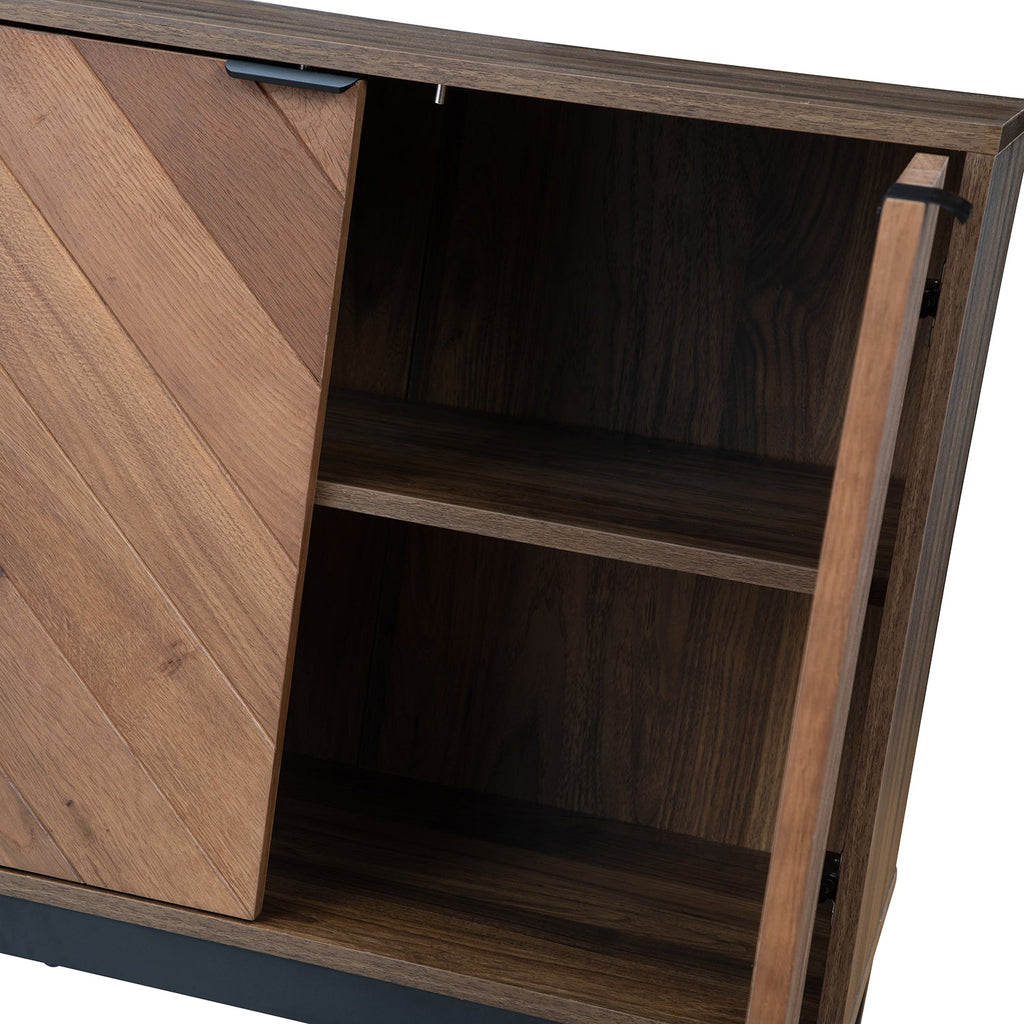 Buffet 4 portes en chevrons de 140 cm avec étagères réglables, pieds en métal et fermeture magnétique | Noir / Noyer | Simple