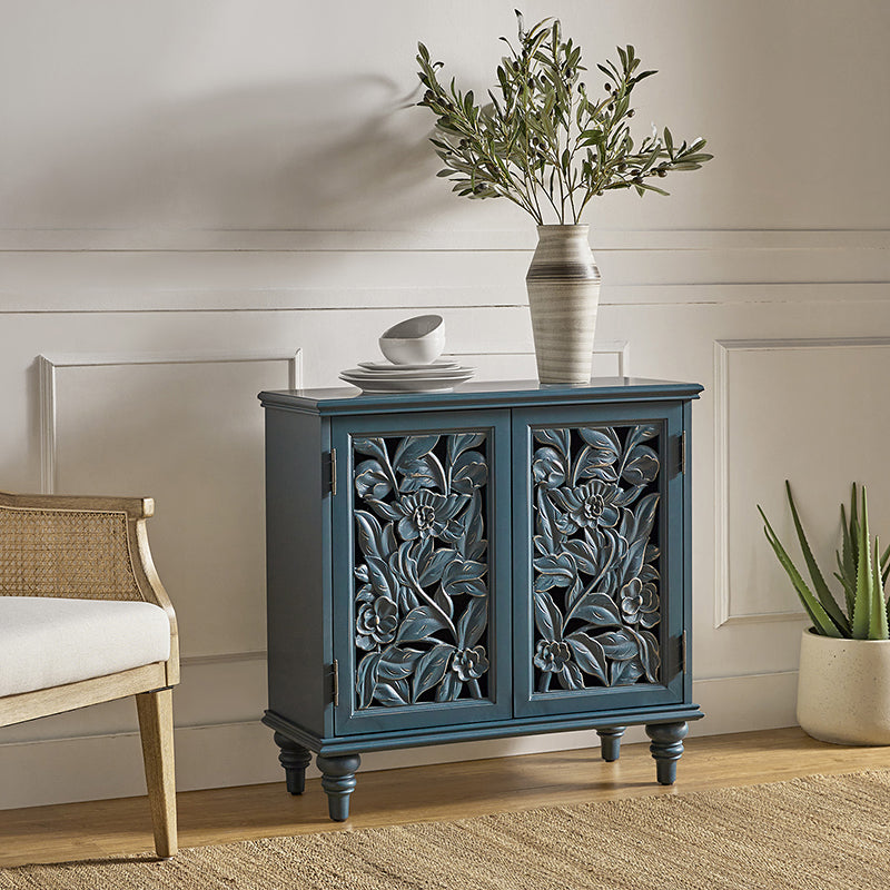 Meuble d'appoint 2 portes avec garniture sculptée à la main, éclairage LED intégré, portes à ouverture par poussée et pieds en bois d'hévéa | Bleu | Simple
