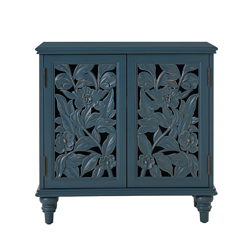 Meuble d'appoint 2 portes avec garniture sculptée à la main, éclairage LED intégré, portes à ouverture par poussée et pieds en bois d'hévéa | Bleu | Simple