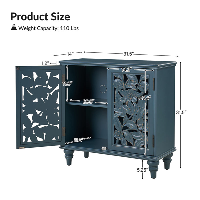 Meuble d'appoint 2 portes avec garniture sculptée à la main, éclairage LED intégré, portes à ouverture par poussée et pieds en bois d'hévéa | Bleu | Simple