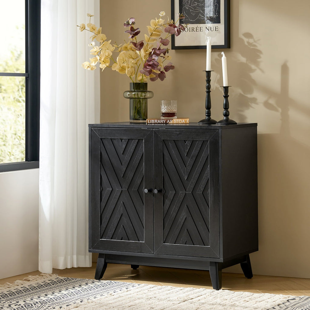 Meuble d'appoint 2 portes à motif chevron de 76 cm avec 3 étagères réglables, passe-câbles et pieds en bois d'hévéa | Noyer / Noir | Unique