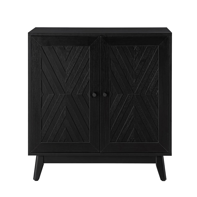 Meuble d'appoint 2 portes à motif chevron de 76 cm avec 3 étagères réglables, passe-câbles et pieds en bois d'hévéa | Noyer / Noir | Unique
