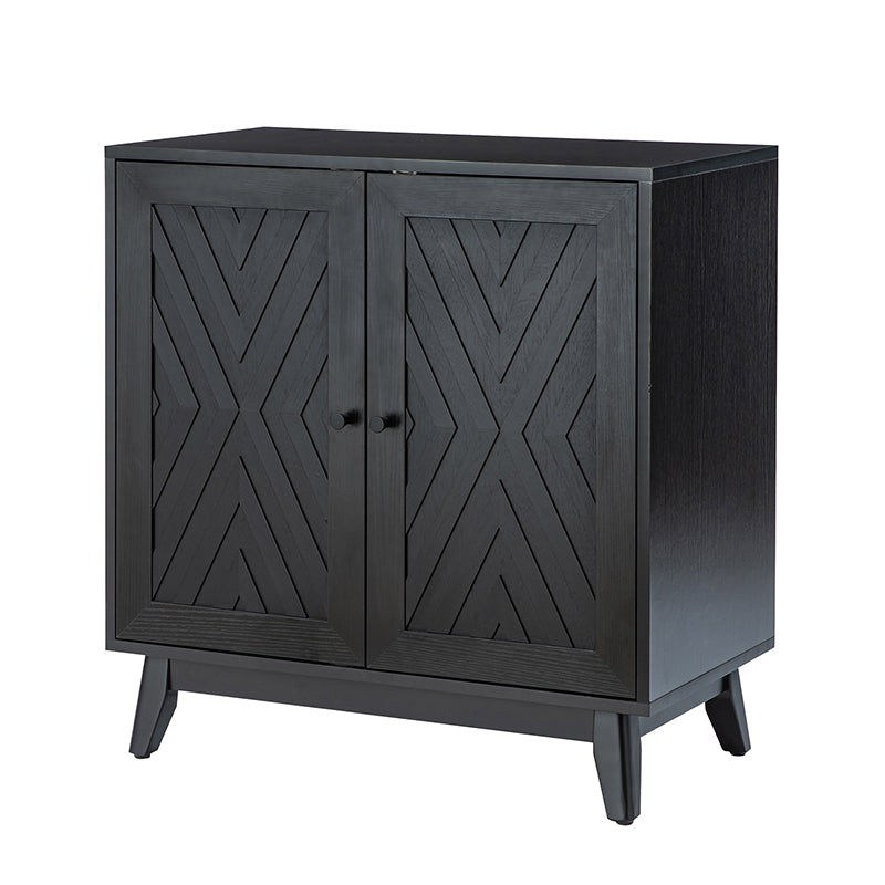 Meuble d'appoint 2 portes à motif chevron de 76 cm avec 3 étagères réglables, passe-câbles et pieds en bois d'hévéa | Noyer / Noir | Unique