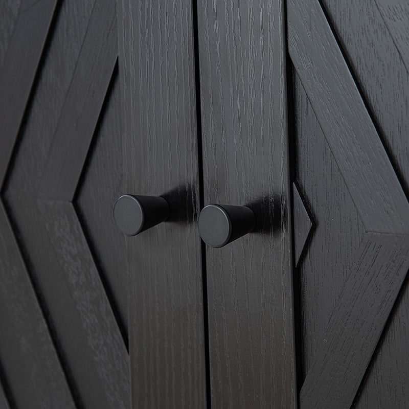 Meuble d'appoint 2 portes à motif chevron de 76 cm avec 3 étagères réglables, passe-câbles et pieds en bois d'hévéa | Noyer / Noir | Unique