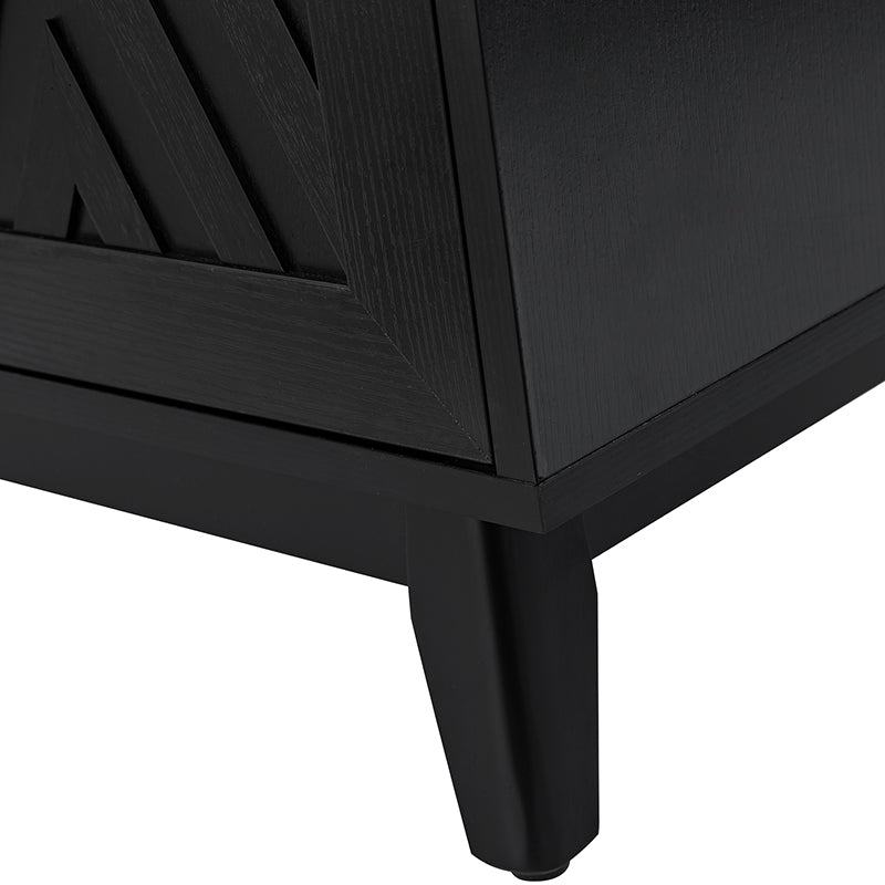 Meuble d'appoint 2 portes à motif chevron de 76 cm avec 3 étagères réglables, passe-câbles et pieds en bois d'hévéa | Noyer / Noir | Unique