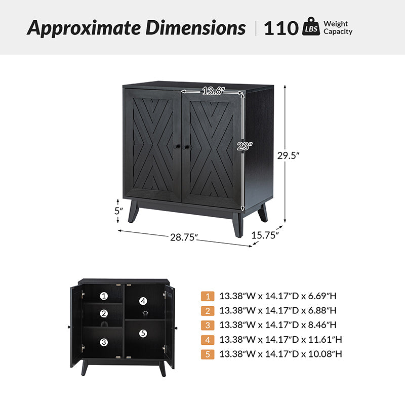 Meuble d'appoint 2 portes à motif chevron de 76 cm avec 3 étagères réglables, passe-câbles et pieds en bois d'hévéa | Noyer / Noir | Unique