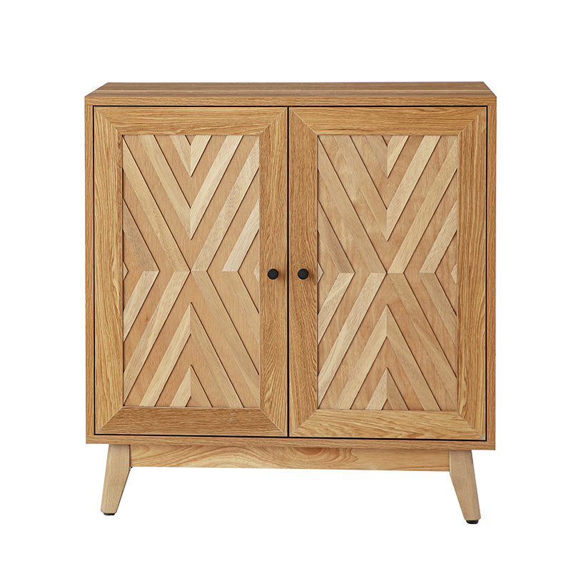 Meuble d'appoint 2 portes à motif chevron de 76 cm avec 3 étagères réglables, passe-câbles et pieds en bois d'hévéa | Noyer / Noir | Unique