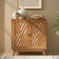 Meuble d'appoint 2 portes à motif chevron de 76 cm avec 3 étagères réglables, passe-câbles et pieds en bois d'hévéa | Noyer / Noir | Unique