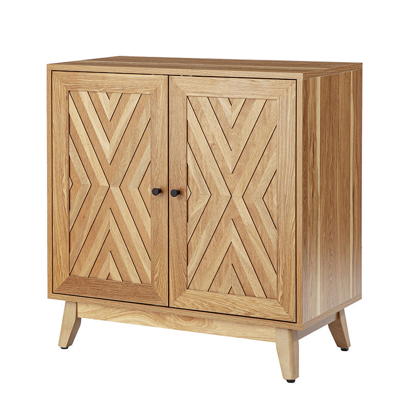 Meuble d'appoint 2 portes à motif chevron de 76 cm avec 3 étagères réglables, passe-câbles et pieds en bois d'hévéa | Noyer / Noir | Unique