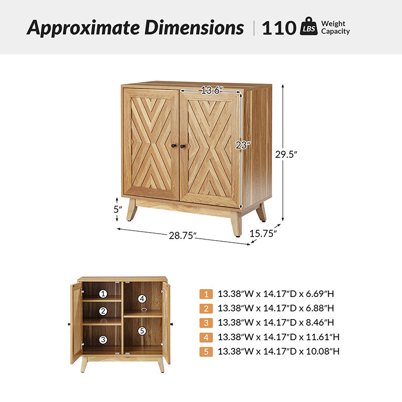 Meuble d'appoint 2 portes à motif chevron de 76 cm avec 3 étagères réglables, passe-câbles et pieds en bois d'hévéa | Noyer / Noir | Unique