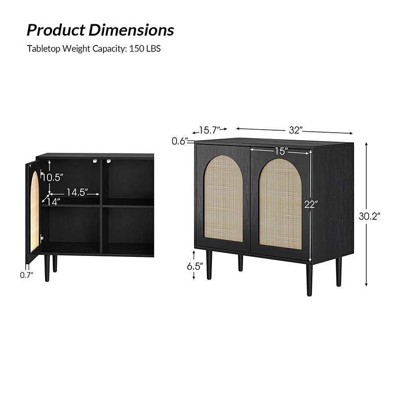Meuble d'appoint 2 portes en rotin de 81 cm avec 4 étagères amovibles et pieds en bois massif | Noir / Chêne | Simple