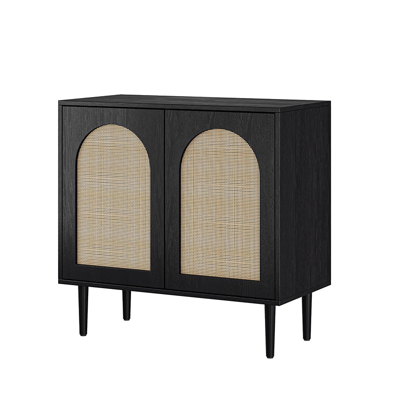 Meuble d'appoint 2 portes en rotin de 81 cm avec 4 étagères amovibles et pieds en bois massif | Noir / Chêne | Simple