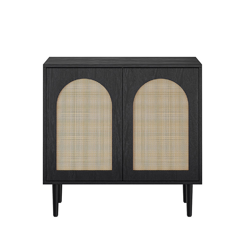 Meuble d'appoint 2 portes en rotin de 81 cm avec 4 étagères amovibles et pieds en bois massif | Noir / Chêne | Simple