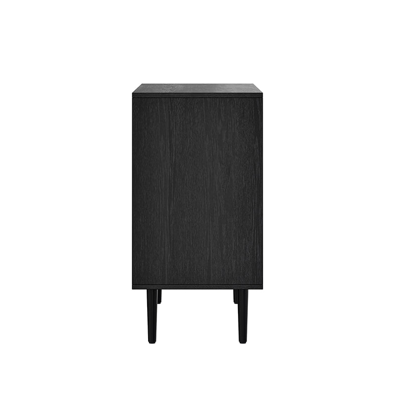 Meuble d'appoint 2 portes en rotin de 81 cm avec 4 étagères amovibles et pieds en bois massif | Noir / Chêne | Simple