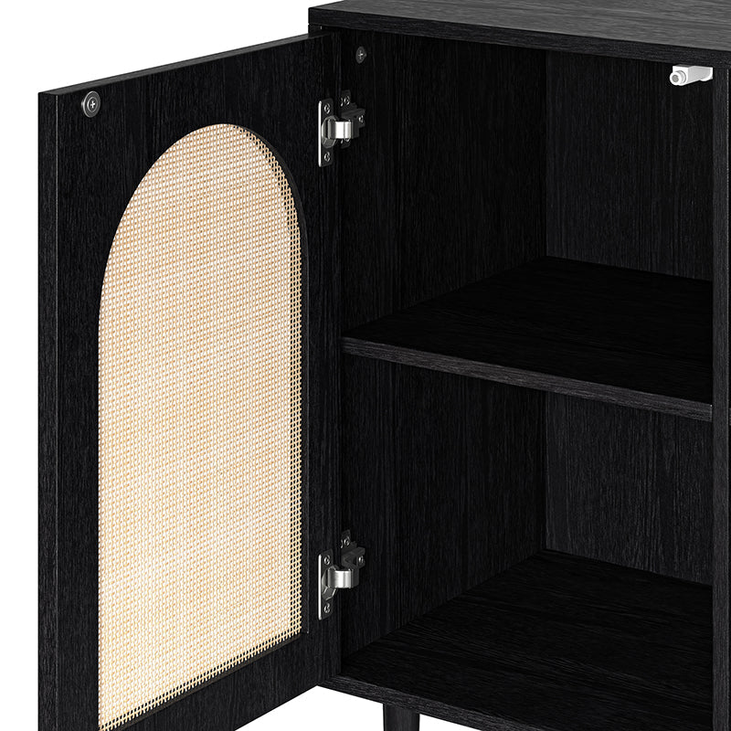 Meuble d'appoint 2 portes en rotin de 81 cm avec 4 étagères amovibles et pieds en bois massif | Noir / Chêne | Simple