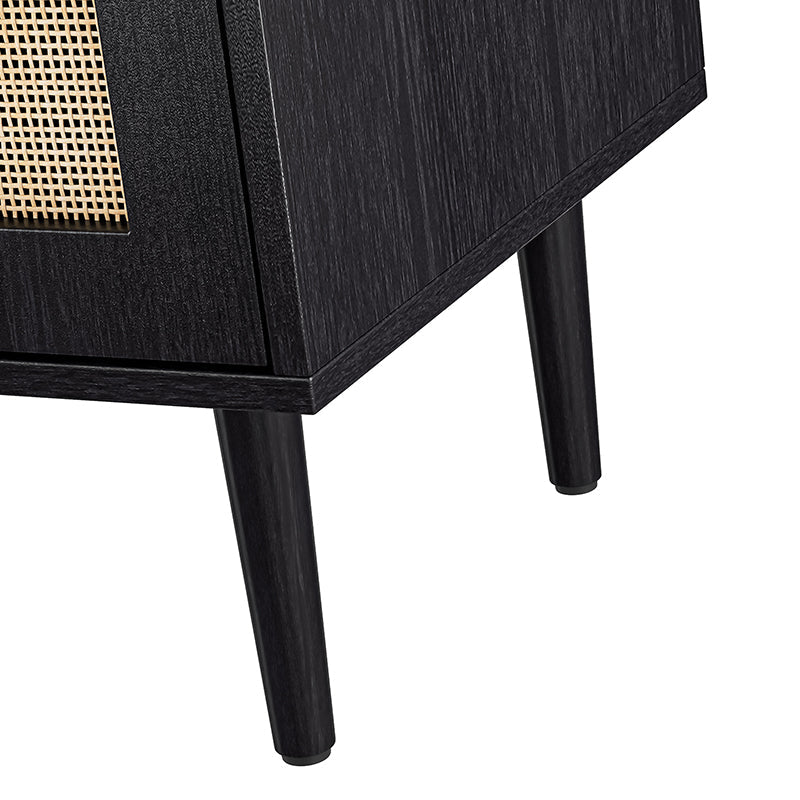 Meuble d'appoint 2 portes en rotin de 81 cm avec 4 étagères amovibles et pieds en bois massif | Noir / Chêne | Simple
