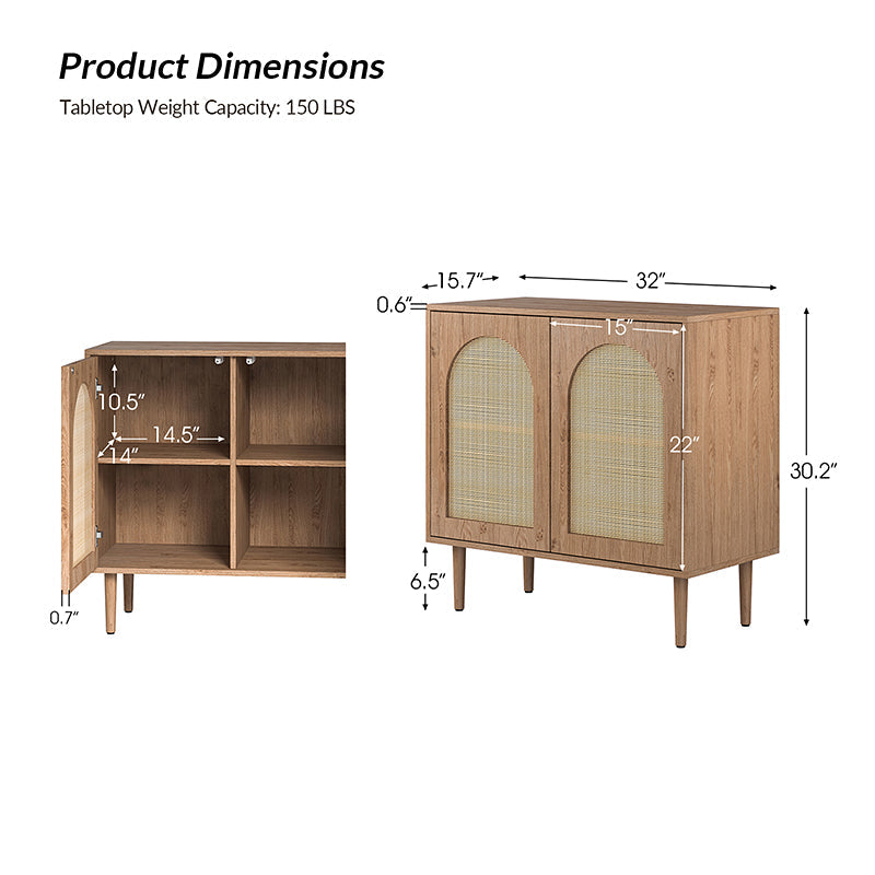 Meuble d'appoint 2 portes en rotin de 81 cm avec 4 étagères amovibles et pieds en bois massif | Noir / Chêne | Simple
