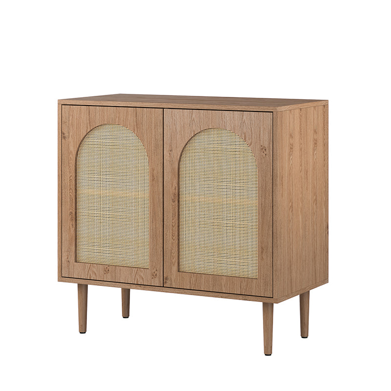 Meuble d'appoint 2 portes en rotin de 81 cm avec 4 étagères amovibles et pieds en bois massif | Noir / Chêne | Simple