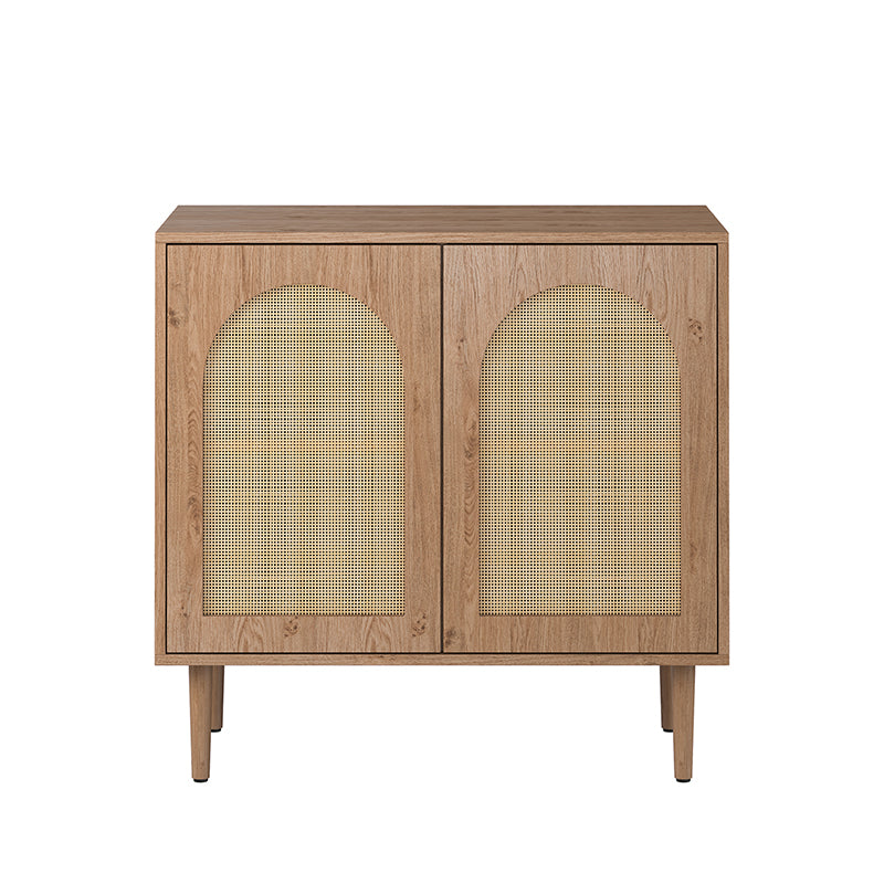 Meuble d'appoint 2 portes en rotin de 81 cm avec 4 étagères amovibles et pieds en bois massif | Noir / Chêne | Simple
