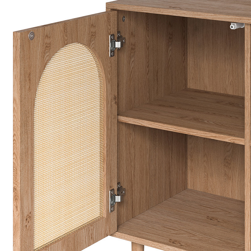 Meuble d'appoint 2 portes en rotin de 81 cm avec 4 étagères amovibles et pieds en bois massif | Noir / Chêne | Simple