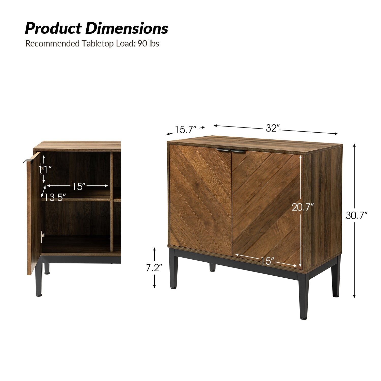 Meuble d'appoint 2 portes à chevrons de 81 cm avec étagères réglables et pieds en métal noir | Noyer | Unité
