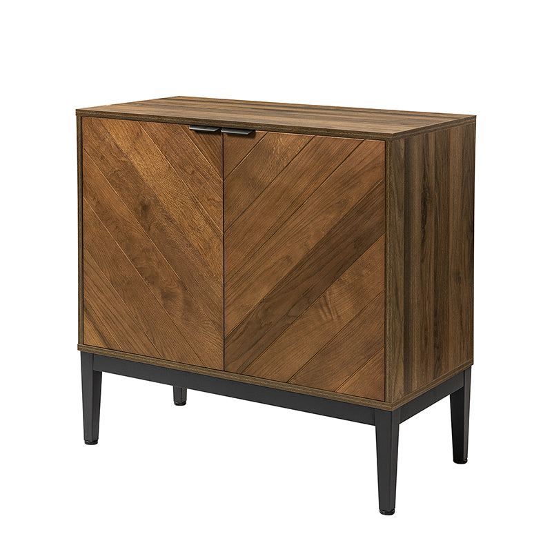 Meuble d'appoint 2 portes à chevrons de 81 cm avec étagères réglables et pieds en métal noir | Noyer | Unité