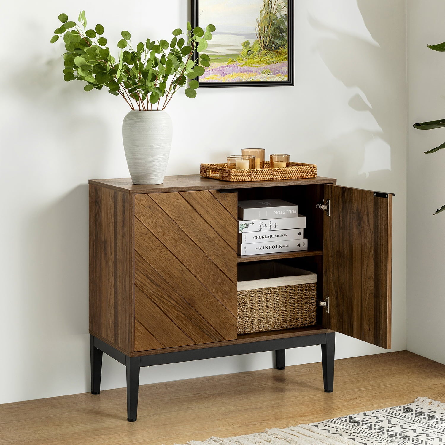 Meuble d'appoint 2 portes à chevrons de 81 cm avec étagères réglables et pieds en métal noir | Noyer | Unité